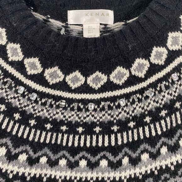 Kenar Women Black & Grey Lambswool Blend Bejeweled Fair Isle Sweater Size L NWT - Picture 3 of 10